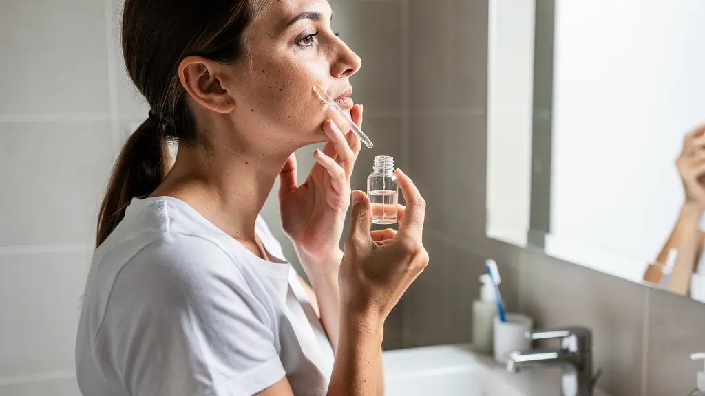 Femme appliquant un sérum visage devant son miroir de salle de bain