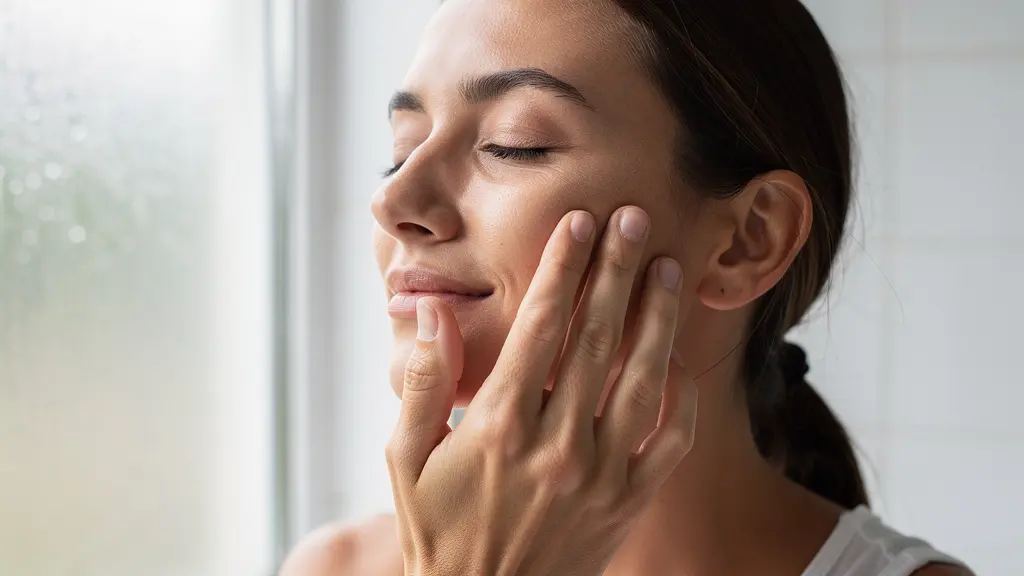 Femme tapotant délicatement son visage lors de sa routine matinale
